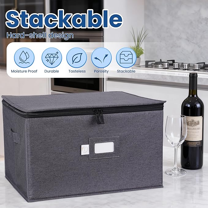 Luxula Wine Glass Storage Box 2-Pack, China Storage Containers with Dividers for 24 Glasses, 11'' Tall, Rigid Sides, Dual Zipper & Handles, Stackable Glassware Storage Organizer for Moving & Home Use