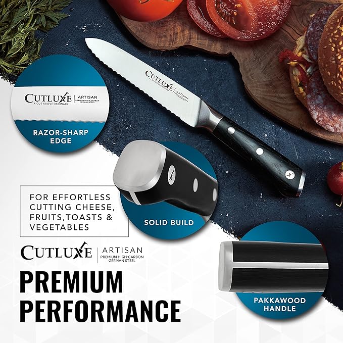 Cutluxe Kitchen Utility Knife ??5" Serrated Ultra Sharp Blade, Ergonomic Handle, Full Tang ??Forged High Carbon German Steel ??Artisan Series