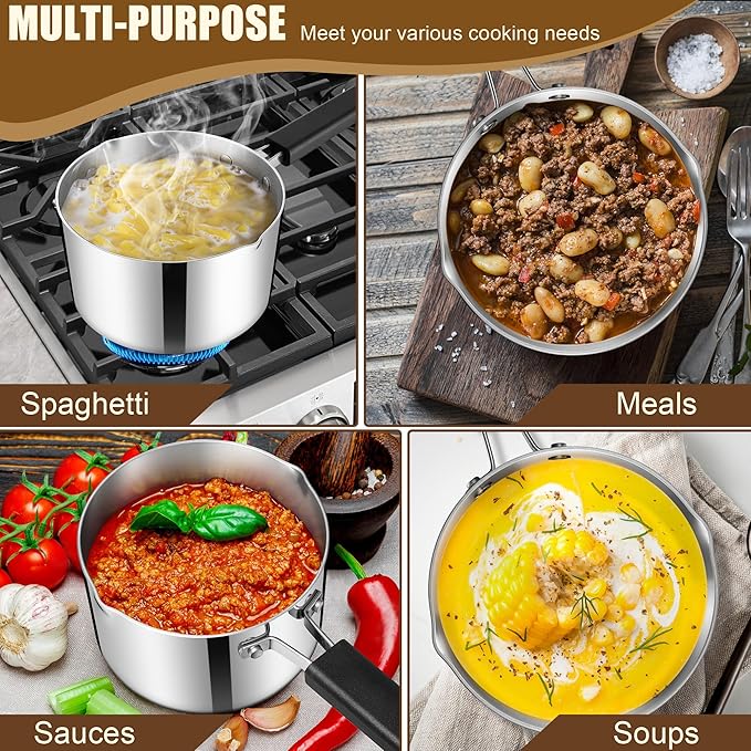 E-far 2 Quart Sauce Pan with Lid, Stainless Steel Tri-Ply All Clad Small Cooking Pot with Pour Spout, Multipurpose Induction Saucepan & Stay-Cool Handle, Compatible with All Cooktops, Dishwasher Safe