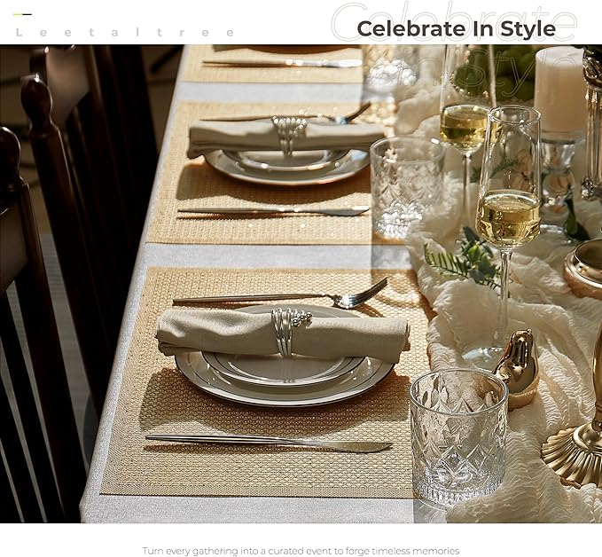 Leetaltree Luxury Gold Sequin Placemats Set of 12 - Waterproof Washable for Wedding, Anniversary, Daily Use - Sparkling Table Decor - Hand-Cut