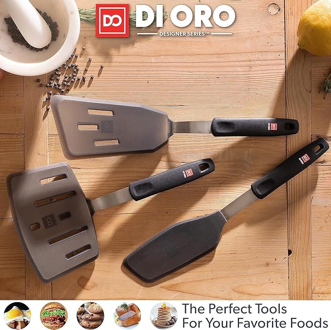 DI ORO Silicone Turner Spatula Set - Forever Warranty - Kitchen Spatulas for Nonstick Cookware - 600째F Heat-Resistant & BPA Free - Flexible & Thin Flippers for Turning Eggs & Pancakes (6 Piece, Black)