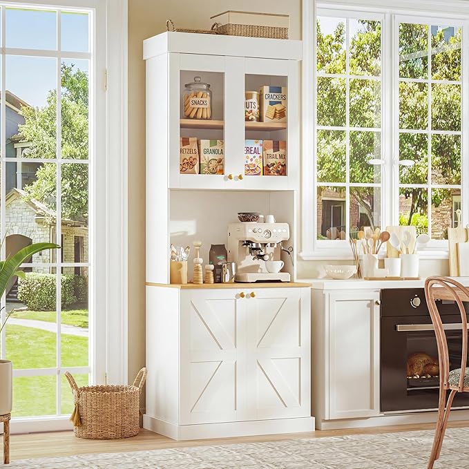 Vyre 71" Farmhouse Kitchen Pantry Cabinet Set of 4, White Freestanding Coffee Bar Hutch with Glass Doors & Adjustable Shelves, Large Storage Cabinet with Microwave Stand for Living Room & Kitchen
