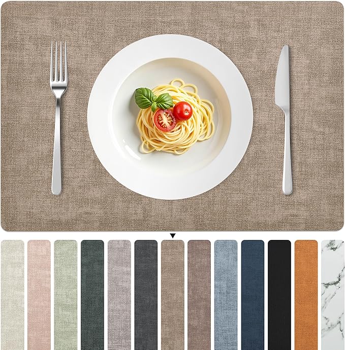 FROMHEART Faux Leather Placemats Set of 8?밯aterproof,Heat/Oil Stain-Resistant PU Table Mat?밨eversible,Non-Slip,Easy to Clean Place Mats for Kitchen,Dining,Indoor/Outdoor,(Light Coffee,11.8" x 17")