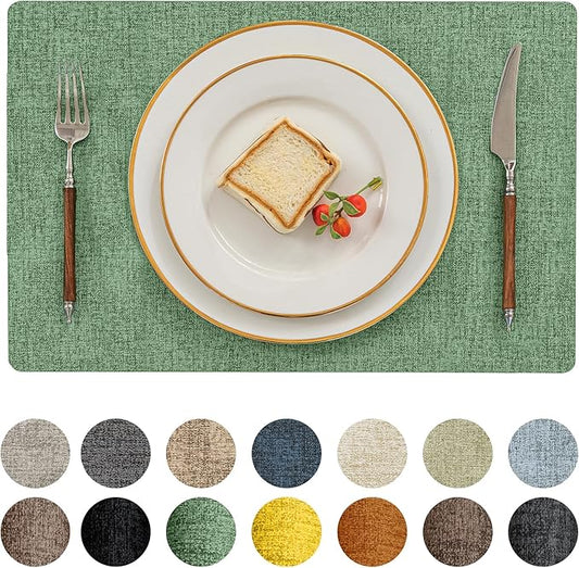 Romanstile Vinyl Placemats Set of 8-12 X 17 Inch - Heat Resistant Place Mats 100% Waterproof Oilproof Wipeable Reversible Faux Leather Table Mats for Kitchen, Dining, Party, Outdoor, Dark Green
