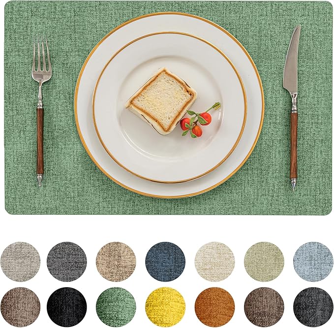 Romanstile Vinyl Placemats Set of 4-12 X 17 Inch - Heat Resistant Place Mats 100% Waterproof Oilproof Wipeable Reversible Faux Leather Table Mats for Kitchen, Dining, Party, Outdoor, Dark Green