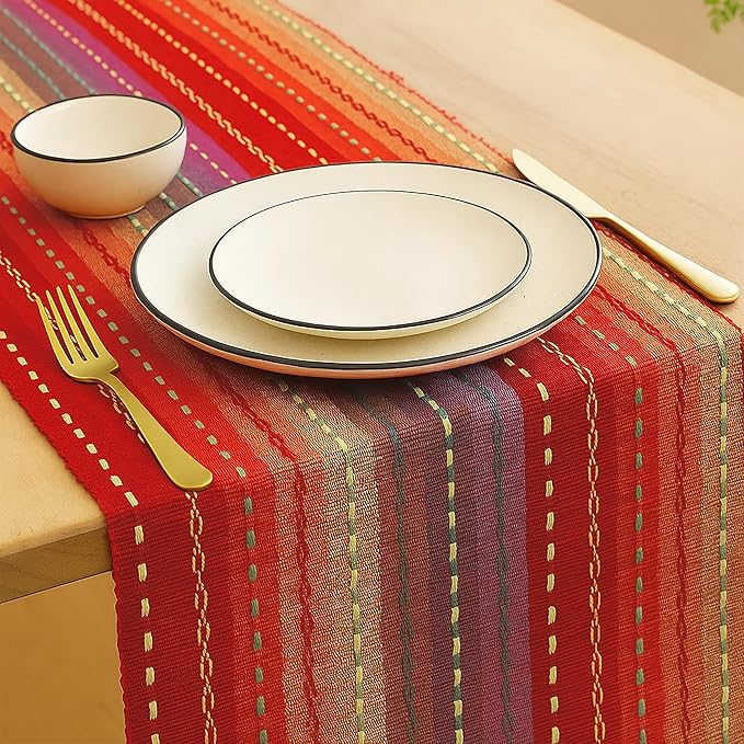PurpleEssences Table Runner - Wide with Dobby Stripe, Heavy Ribbed Weave & Double Knot Fringes, 14x90 Inch (14x95.5 with Fringes) Boho Farmhouse Decor - Christmas Holiday Winter - Spice