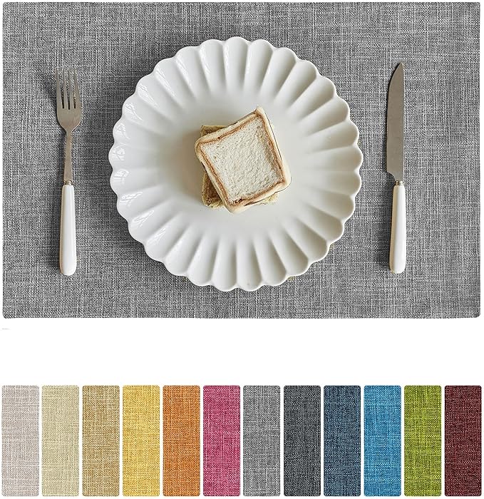 Softalker Faux Linen Placemats Set of 12-12 x 18 Inch, Heat Resistant Double Layered Durable Burlap Farmhouse Place Mats, Non-Slip Washable Rustic Table Mats for Dining, Kitchen, Party竊뉽ight Grey