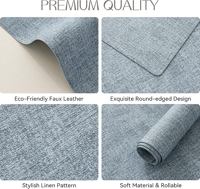 Romanstile Vinyl Placemats Set of 8-12 X 18 Inch - Heat Resistant Place Mats 100% Waterproof Oilproof Wipeable Reversible Faux Leather Table Mats for Kitchen/Dining/Party/Outdoor, Sky Blue