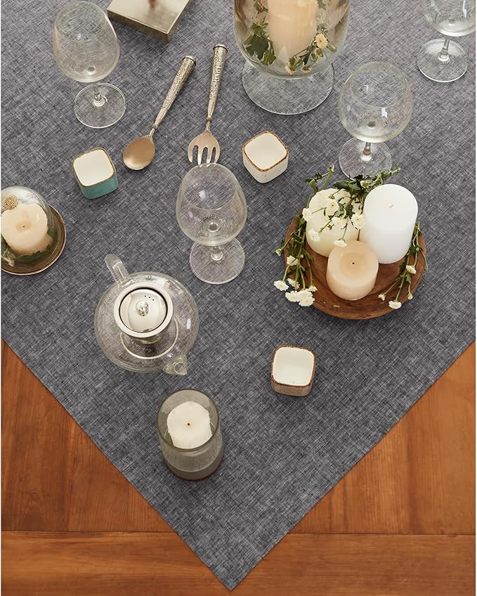 Solino Home Linen Cloth Tablecloth 52 x 52 Inch - 100% Pure Linen Chambray Black Square Tablecloth - Athena, Machine Washable Table Throw for Winter