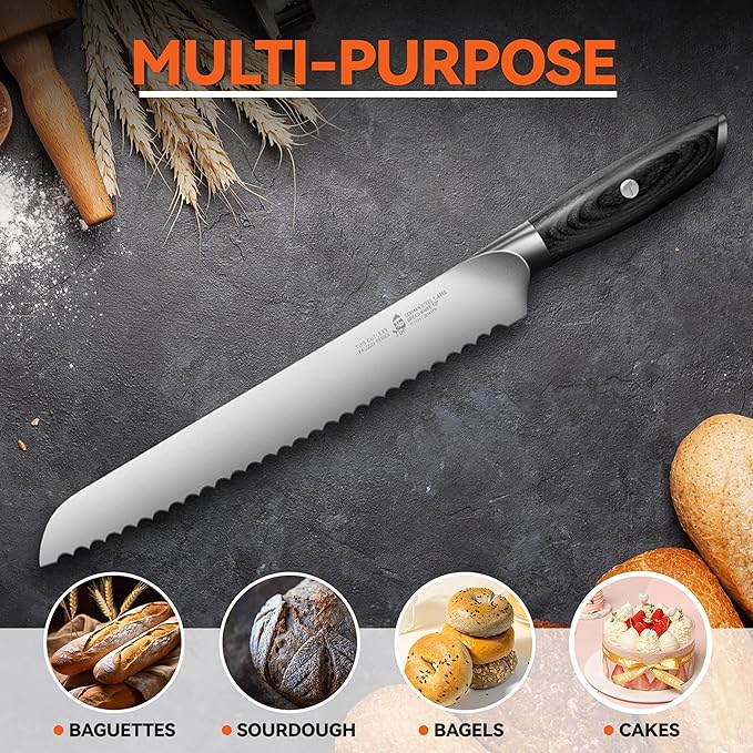 TUO Bread Knife, 10 inch Upgraded Serrated Knife for Homemade Sourdough Bread, High Carbon German Steel with Ergonomic Handle, Gift Box - Falcon Series