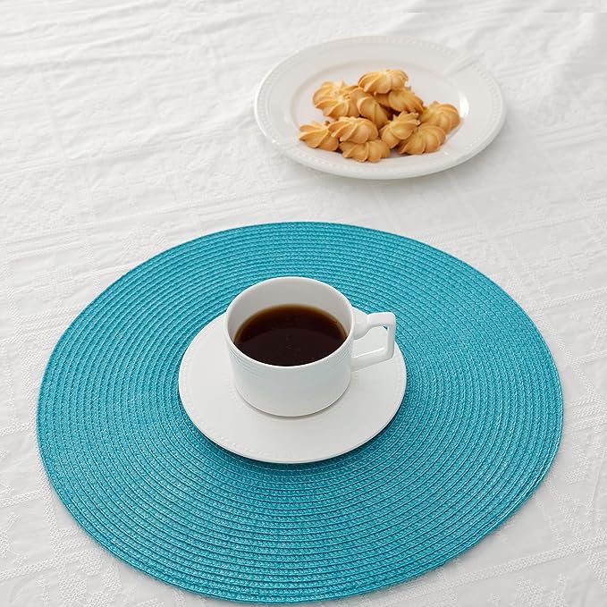 HODJOY Round placcemats Set of 6, Table mats for Indoor and Outdoor Dining Table, Washable Woven Non-Slip placemats, 15inch (Aqua)