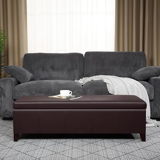 DECO DE VILLE 51 Inch Storage Ottoman Bench, Faux Leather Foot Rest with Hinged Lid, Long Rectangle Bed Bench for Living Room, Bedroom, Entryway, Coffee Brown
