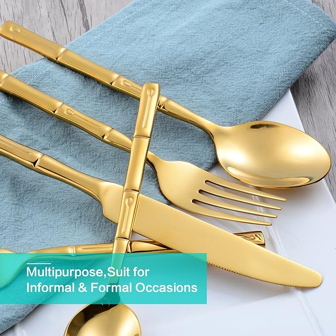 Silverware Set Gold Flatware Set Stainless Steel Bamboo Handle Cutlery Set Mirror Polished 60 Pieces for Home Kitchen Restaurant Hotel Wedding Housewarming Gift Service for 12