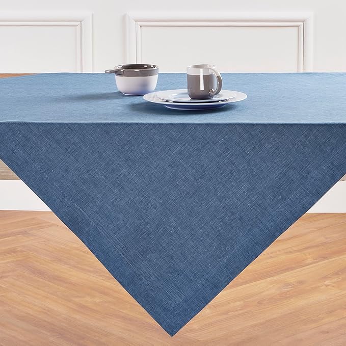Solino Home Linen Cloth Tablecloth 52 x 52 Inch - 100% Pure Linen Blue Denim Square Tablecloth - Athena, Machine Washable Table Throw for Winter, Spring, Easter