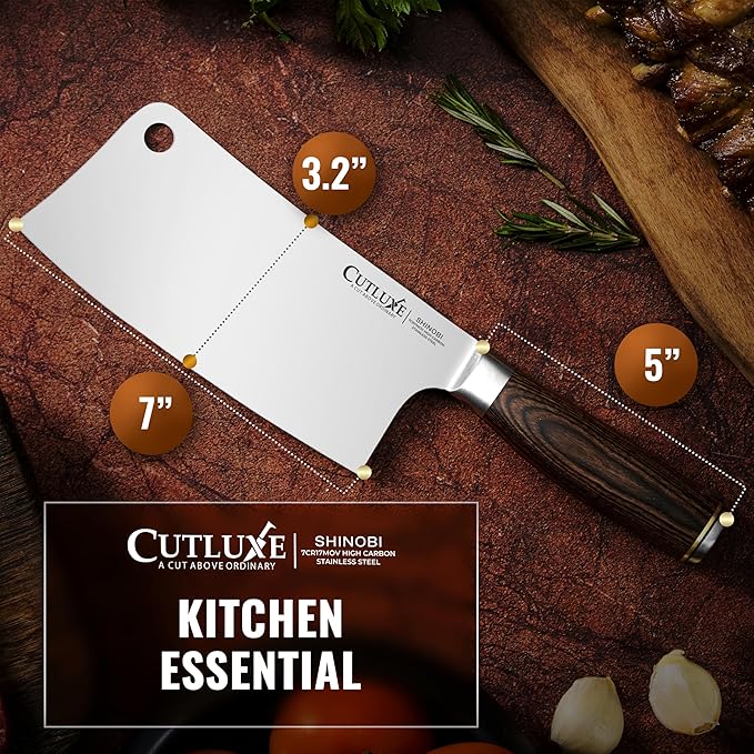 Cutluxe Meat Cleaver Knife ??Ultra Sharp 7" Meat Cleaver, Butcher Knife, High Carbon Stainless Steel Blade, Full Tang Pakkawood Handle ??Shinobi Series