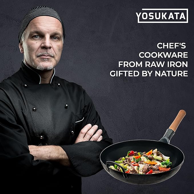 YOSUKATA 14??Round Bottom Carbon Steel Wok Pan ??Blue Pre-Seasoned Pow Wok for Stir Fry, BBQ & Camping ??Traditional Japanese & Chinese Cookware ??Compatible with Gas Stoves & Open Fire Only