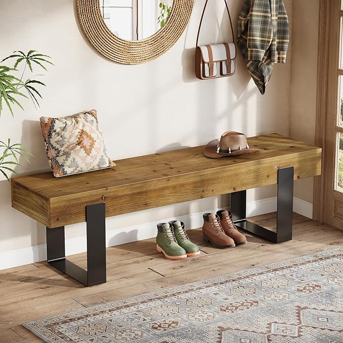 TRIBEWOOD Solid Wooden Entryway Bench, 63" Farmhouse Indoor Shoe Bench with Metal Legs, Industrial Long End of Bed Stool with Seating for Entry, Hallway, Porch, Living Room, Mudroom, Easy Assembly