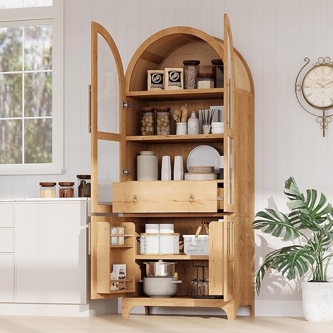 GDFStudio Mariah 71" Tall Arched Kitchen Pantry Cabinet with Hidden Drawer, Glass Door & Adjustable Shelves, Farmhouse Storage Cabinet Cupboard for Kitchen Dining Room, Home Pantry Storage, Natural