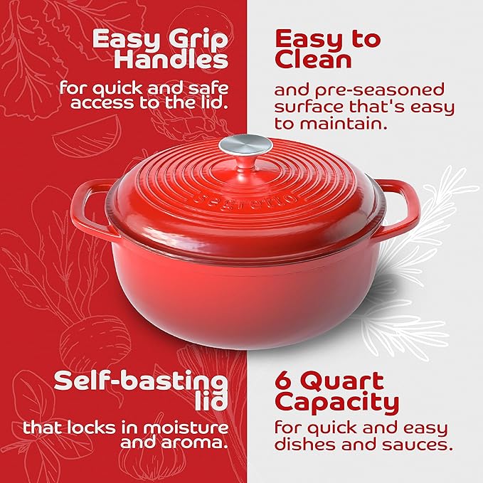 Segretto Enameled Cast Iron Dutch Oven Pot with Lid, Red, 6 Quart Sourdough Dutch Oven for Bread Baking, Braising, Roasting Safe to 500째F Durable Enamel with High Heat Retention and Moisture Lock Seal