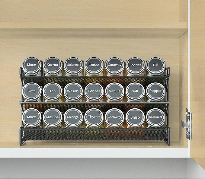 SpaceAid Spice Rack Organizer with 21 Spice Jars, 386 Spice Labels, Chalk Marker and Funnel Set for Cabinet, Countertop, Pantry, Cupboard or Door & Wall Mount - 21 Jars, 13.4" W 횞 9" H, Black