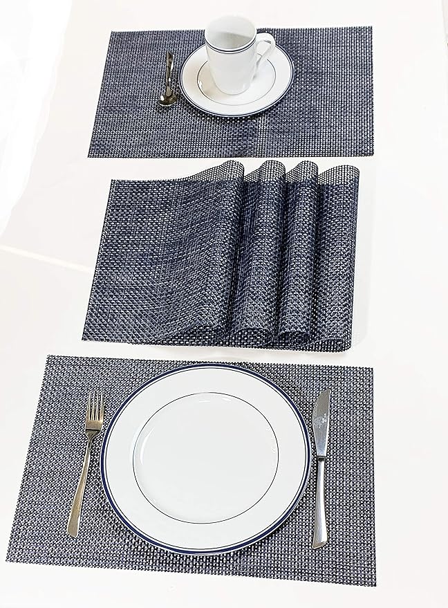 Jutemill Set of 12 Navy PVC Vinyl Woven Place mats, 12" x 18 inches Heat Insulation Stain Resistant Placemats for Dining Table Durable Cross Weave Woven Vinyl Kitchen Table Mats Placemat (Solid Navy)