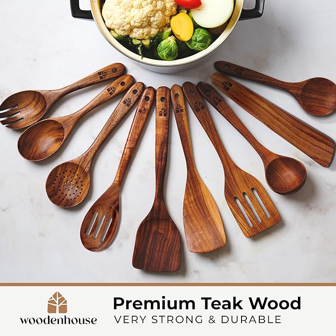 Wooden Spoons for Cooking ??Wooden Cooking Utensils Set with Holder, Spoon Rest & Hooks, Teak Wood Nonstick Kitchen Cookware ??Durable Set of 12pcs by Woodenhouse