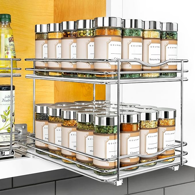 LYNK PROFESSIONAL짰 Pull Out Spice Rack Organizer for Inside Kitchen Cabinets - 8-3/8 inch Wide - Slide Out Drawer ??Chrome Sliding Spice Cabinet Organization Shelf Racks - 2 Tier