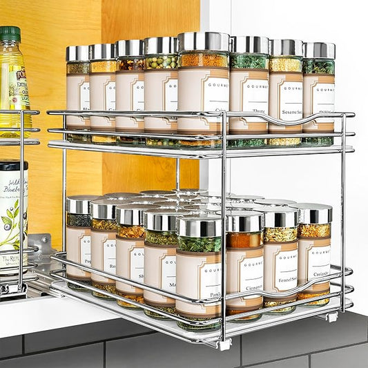 LYNK PROFESSIONAL짰 Pull Out Spice Rack Organizer for Inside Kitchen Cabinets - 8-3/8 inch Wide - Slide Out Drawer ??Chrome Sliding Spice Cabinet Organization Shelf Racks - 2 Tier