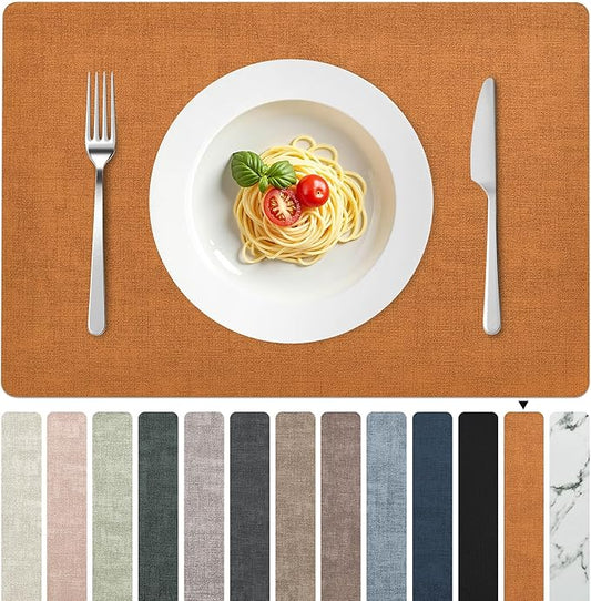 FROMHEART Faux Leather Placemats Set of 6?밯aterproof,Heat/Oil Stain-Resistant PU Table Mat?밨eversible,Non-Slip,Easy to Clean Place Mats for Kitchen,Dining,Indoor/Outdoor,(Orange-Grey,11.8" x 17")