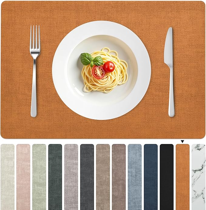 FROMHEART Faux Leather Placemats Set of 4?밯aterproof,Heat/Oil Stain-Resistant PU Table Mat?밨eversible,Non-Slip,Easy to Clean Place Mats for Kitchen,Dining,Indoor/Outdoor,(Orange-Grey,11.8" x 17")