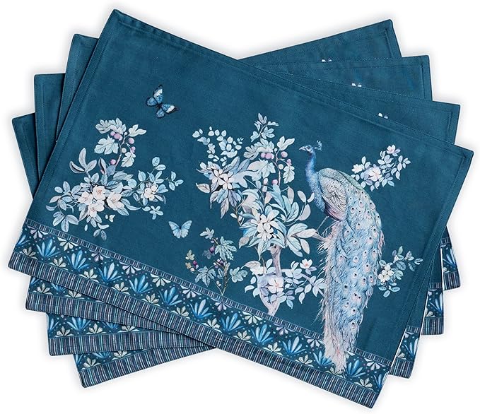 Maison d' Hermine Place Mats 100% Combed Cotton Premium (13 Inch x 19 Inch) Cloth Place Mat Washable Dinner Placemat, Dinner & Dining, Peacock Utopia - Deep Sea (Set of 4)
