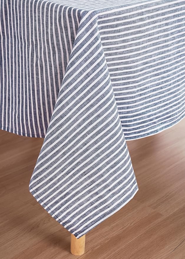 AORISSI 100% French Flax Linen Tablecloths Rectangle 132Lx60W Inch for Dinners, Parties, Easter, Halloween, Camping, Stone Washed, Textured, Machine Washable, 12-14 Sets (60''x132'', Blue Stripe)