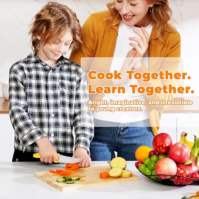 Kids Kitchen Knife Set with Educational Ring, 7-Piece Animal Cooking Tools, Safe Stainless Steel Knives, Finger Guard & Cutting Board, Montessori Cooking Set for Kids