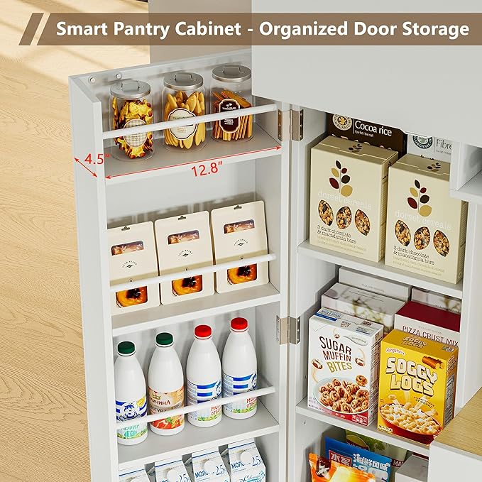 iPormis 69" Tall Kitchen Pantry Storage Cabinet with LED Lights & Microwave Stand & Wine Rack, Kitchen Hutch with Door Shelves & Adjustable Shelf & Drawers & Charge Station for Living Room, White