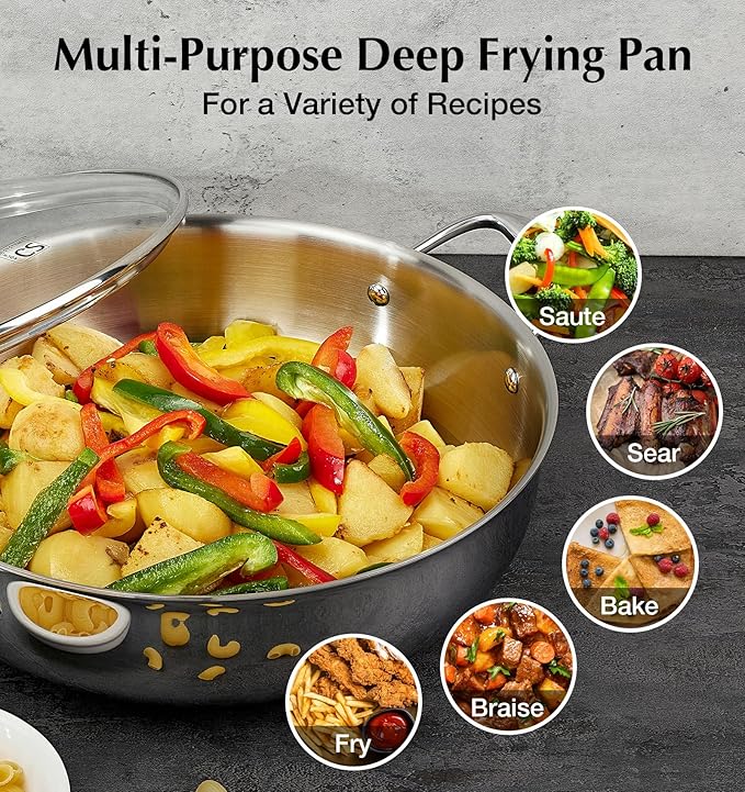 KOCH SYSTEME CS Tri-Ply Stainless Steel Saute Pan with Lid, 12 Inch Deep Frying Pan with Double Handles, 6 Quart 18/10 Stainless Steel Pan, Large Skillet, Induction Compatible, Oven Safe, Non Toxic