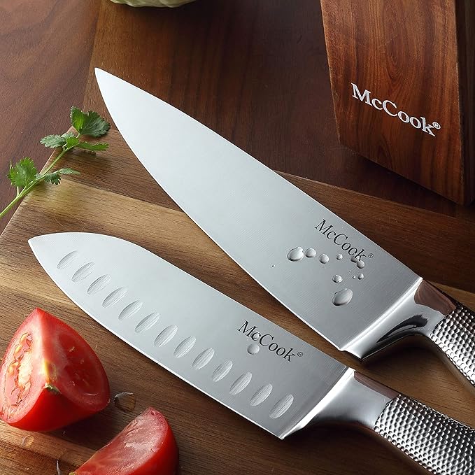 McCook짰 Premium Knife Sets,Full Tang Hammered German Stainless Steel Kitchen Knife Set with 8 Pieces Steak Knives and Acacia Block