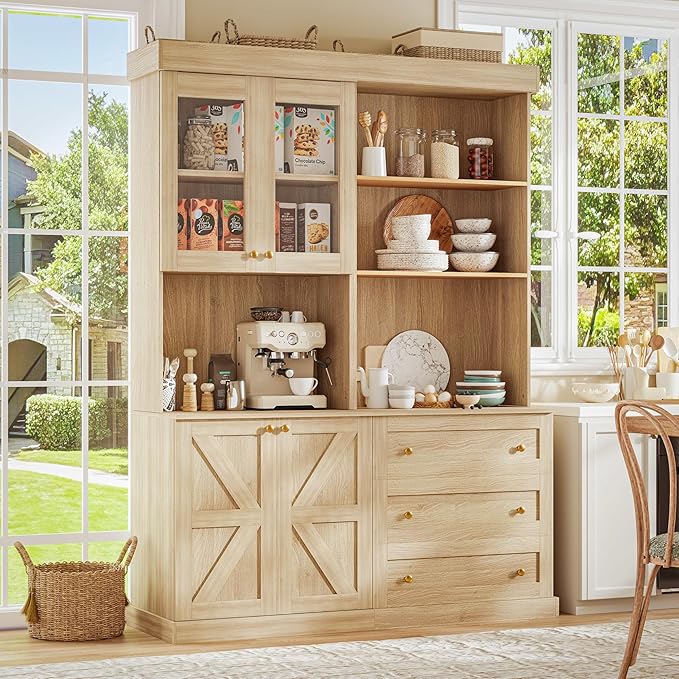 71" Tall Farmhouse Kitchen Pantry, Large Storage Cabinet with Glass Doors and Drawers, Freestanding Coffee Bar Hutch with Microwave Stand, Adjustable Shelves for Kitchen, Living Room, Brown 4 Pcs