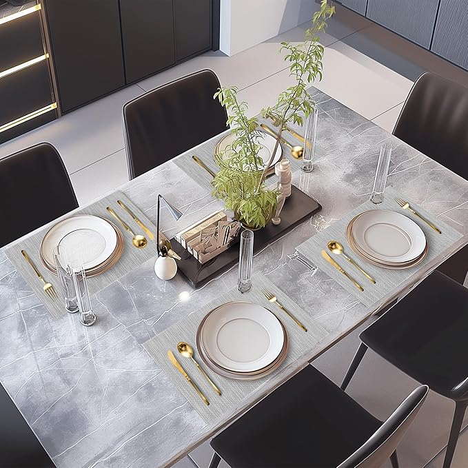 Sliver White Placemats Set of 8 Durable Heat Resistant Non-Slip Washable Place Mats PVC Vinyl Woven Table Mats for Dining Table Size 12 x 17 Inch