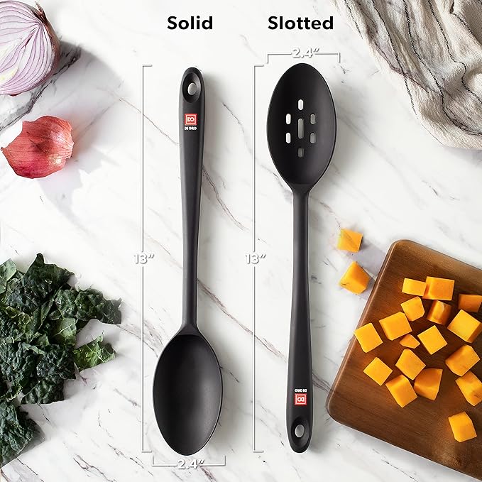 DI ORO Silicone Spoons for Cooking - Large Kitchen Spoons for Mixing, Serving, & Stirring - 600째F Heat-Resistant Non Stick Utensils ??Big Solid & Slotted - Dishwasher Safe (2pc, Black)
