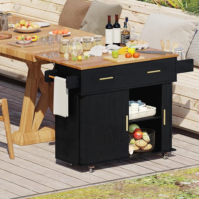 DHH Rolling Kitchen Island with Drop Leaf Countertop&Ample Storage - 39.4" Small Mobile Kitchen Cart On Wheels with Sliding Door,Drawers,Spice Rack & 2-Tier Storage (Black)