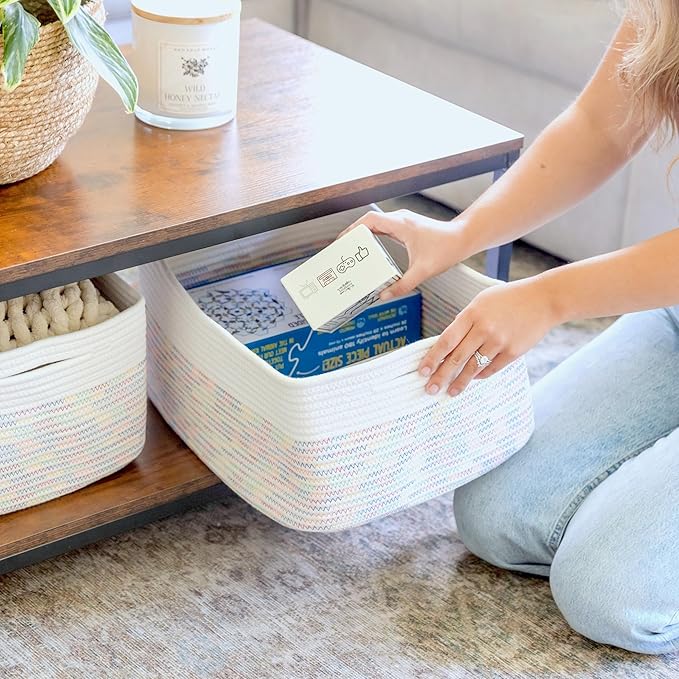 NaturalCozy Storage Baskets 16.8?쓝13?쓝7.6??Cotton Rope Woven Baskets for Organizing 3-Pack | Toy Storage Bins | Basket for Shelves, Laundry, Blanket, Clothes, Closet, Kitchen, Bathroom, Gifts