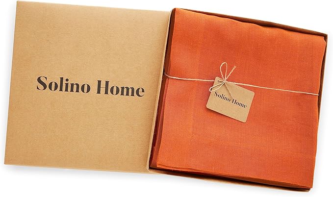 Solino Home Linen Tablecloth for Rectangle Tables 70 x 108 Inch - 100% Pure Linen Pumpkin Table Cloth - Sonoma, Machine Washable Cloth Tablecloth