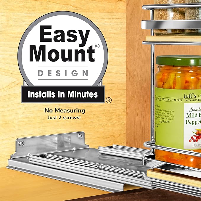 LYNK PROFESSIONAL짰 횋lite??Pull Out Spice Rack Organizer for Inside Kitchen Cabinets - 8-3/8 inch Wide - Slide Out Drawer ??Wood/Chrome Sliding Spice Cabinet Organization Shelf Racks - 2 Tier