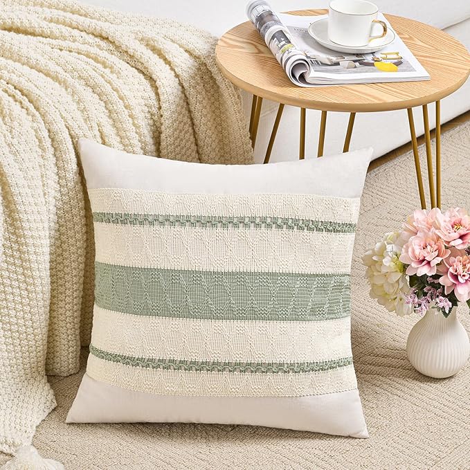 Fancy Homi Set of 2 Sage Green Boho Decorative Throw Pillow Covers 22x22 Inch for Living Room Bedroom Couch Bed Indoors, Rustic Retro Cushion Case 55x55 cm, Bohemian Room Home Decor