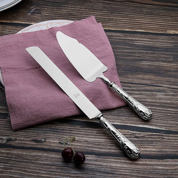 2 Piece Wedding Cake Server Set,18/10 Stainless Steel Dessert Set Pie Server Cake Cutter Knife for Birthday,Anniversary,Holiday,Baby Shower,Party (Versailles, Stainless steel-V)