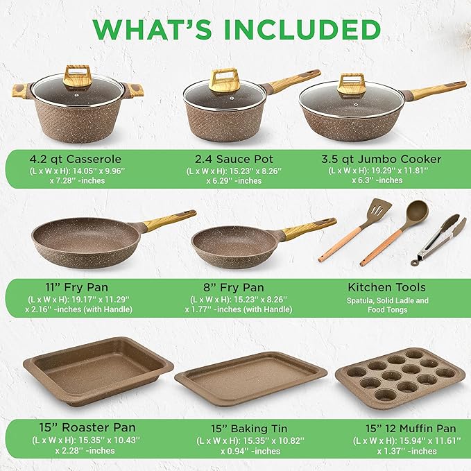 NutriChef 22?멠iece Non?멣tick Ceramic Pots and Pans Set ??For All Cooktops Including Induction ??PTFE & PFAS Free, Includes Bakeware & Utensils
