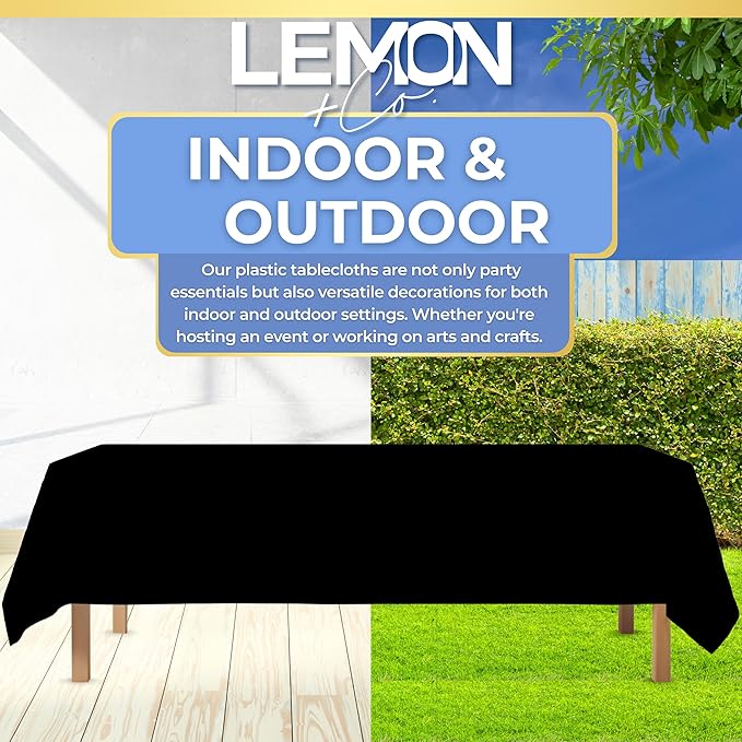 LEMON + Co. Black Rectangle Table Cover Disposable Plastic Tablecloth 54 Inch. x 108 Inch. Premium Decorative Rectangle Table Cover 10 Pack