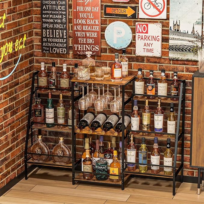 6-Tier (Safe Height for Kids & Pets) Freestanding Wine Rack with Glass Holders & Fences, Large Bar Cabinet for Home, Liquor Stand for Wine Bottles, Christmas & Holiday Party Wine Shelf