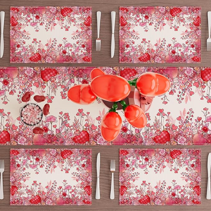 XCHI Wild Flowers Love Hearts Valentine?셲 Day Placemats Set of 4 Table Mats for Party Home Kitchen Dining Table Decorations 12x18 Inch