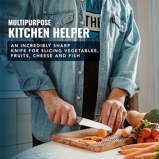 Cutluxe Kitchen Utility Knife ??5" Serrated Ultra Sharp Blade, Ergonomic Handle, Full Tang ??Forged High Carbon German Steel ??Artisan Series